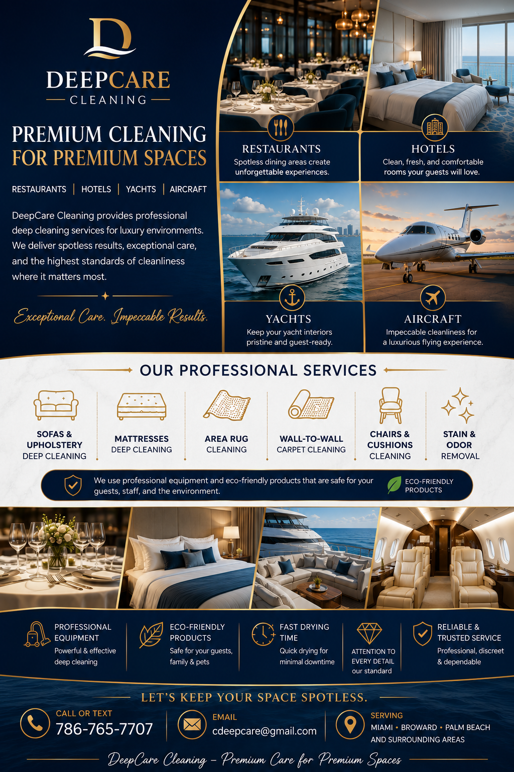 DeepCare premium cleaning services for restaurants, hotels, yachts and aircraft